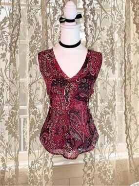 Vintage Y2K Fairycore Chiffon Red & Black Paisley Ruffled Top